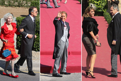 Algunos invitados al enlace, de izquierda a derecha: la duquesa de Alba y Alfonso Díez, el diseñador Valentino y María Dolores de Cospedal con su marido Ignacio López del Hierro.