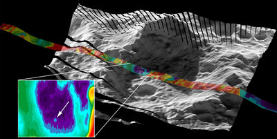 En color, medidas de temperatura 90 segundos después del impacto (indicado por la flecha) de la sonda  LCROSS  en el cráter Cabeus.