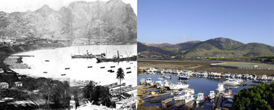 La bahía de Portmán, a principios del siglo XX, cuando era un gran puerto minero, y en la actualidad, desde el ángulo contrario.