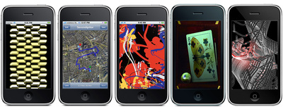 De izquierda a derecha, obras para el iPhone:  Dream machine,  de Brion Gysin;  Serendipitor , de Mark Shepard;  Random Pollock,  de Miltos Manetas;  Vanitas,  de Auriea Harvey y Michael Samyn, y finalmente,  PhiLia,  de la artista Lia.
