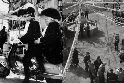 La capital y sus alrededores forman parte del universo berlanguiano. A la izquierda, Nino Manfredi y Pepe Isbert pasean en moto por el barrio de los Austrias en  El verdugo.  A la derecha, la localidad de Guadalix de la Sierra, convertida en la imaginaria Villar del Río en  ¡Bienvenido, mister Marshall! 