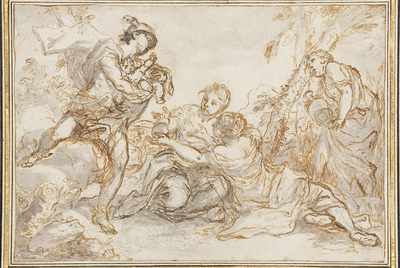  Banville pone a Hermes como narrador. Aquí el dios griego en su versión romana:   Mercurio ofreciendo al infante Baco a las ninfas , de Procaccini.