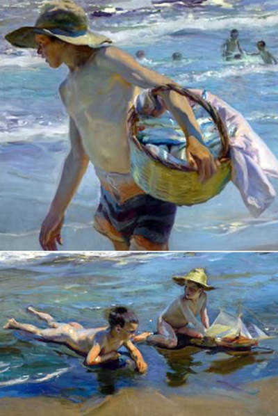 Arriba,  El pescador. Valencia,  vendido por 3,6 millones. Abajo,  Niños en la playa ( 1,9 millones).