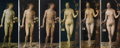 A la izquierda,  Adán,  antes, durante y después de la restauración. A la derecha,  Eva  en el mismo proceso.