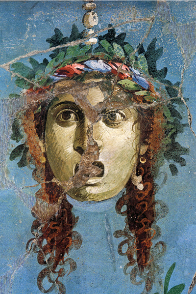 Máscara teatral pintada en un fresco de la Casa del Brazalete de Oro (primera mitad del siglo I), del libro  El arte de Pompeya. 