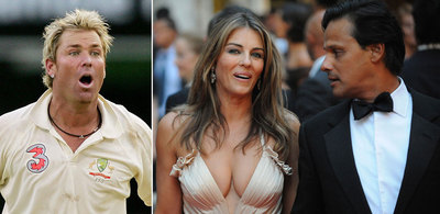 Shane Warne y, a la derecha, Liz Hurley con su hasta ahora marido, Arun Nayar.