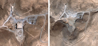 La instalación nuclear siria de Al Kibar, antes (izquierda) y después del ataque israelí de 2007.