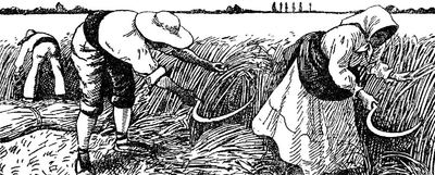 Una ilustración de Opisso de 1938 retrata los quehaceres de los labradores en época de siega.