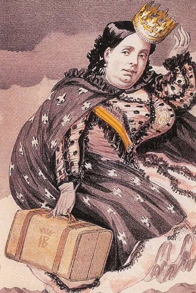 Caricatura de Isabel II publicada en  Vanity Fair  en 1869, en el aniversario de su expulsión del trono.