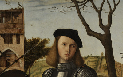 Imagen de la pintura completa  Joven caballero en un paisaje , de Carpaccio.