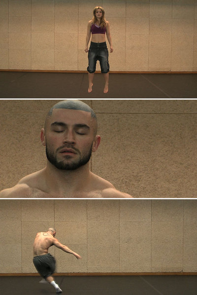 Tres momentos de la obra de André Gingras,  Les commerçants. 