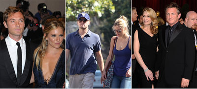 De izquierda a derecha, Jude Law y Sienna Miller; Leonardo di Caprio y Bar Rafaeli, y Robin Wright con Sean Penn.