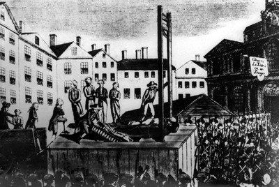 Grabado sobe  La invención de la guillotina  de la época revolucionaria