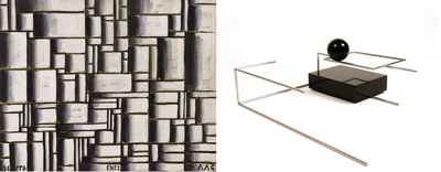 A la izquierda,  Estructura en blanco y negro  (1938), de Joaquín Torres-García. A la derecha,  Sitio  (2010), escultura de Waltercio Caldas.