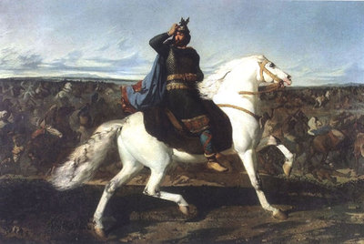  Don Rodrigo cabalgando a lomos de un caballo blanco en la batalla del Guadalete  (1858), óleo de Marcelino de Unceta y López.