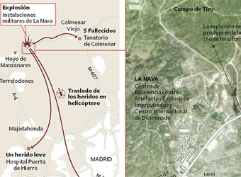 Cinco muertos y tres heridos en una práctica con explosivos en Madrid.