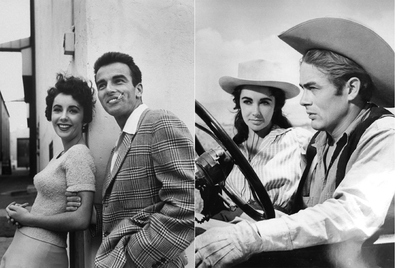 A la izquierda, con Montgomery Clift en Paramount durante la filmación de  Un lugar en el sol   (1951) . Con Dean, en  Gigante  (1956).