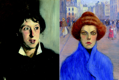Retrato de Vernon Lee pintado en 1881 por John Singer Sargent (izquierda) y  De regreso al hogar,  de Théophile-Alexandre Steinlen (1897).