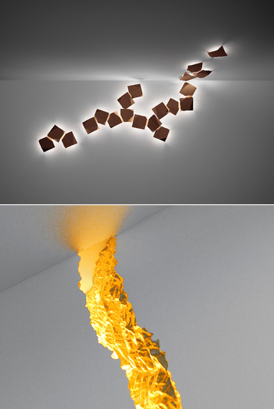 Arriba, modelo Origami, del español Ramón Esteve. Abajo, lámpara Wall Rupture, de Thierry Dreyfus.