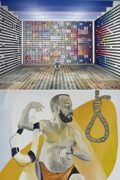 Arriba, instalación de Agam (1972-1974) para las habitaciones privadas de Georges Pompidou en el palacio del Elíseo. A la izquierda, obra sin título de Martin Kippenberger (1992).