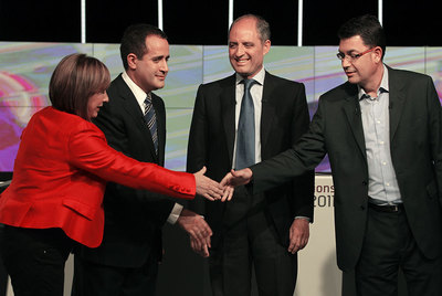Marga Sanz (EU), Jorge Alarte (PSPV), Francisco Camps (PP) y Enric Morera (Compromís), el viernes en el debate de Canal 9.