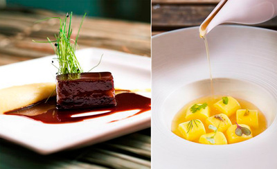 Platos del restaurante Maní:  carrillera  de buey, a la izquierda, y ñoquis de mandioquiña.