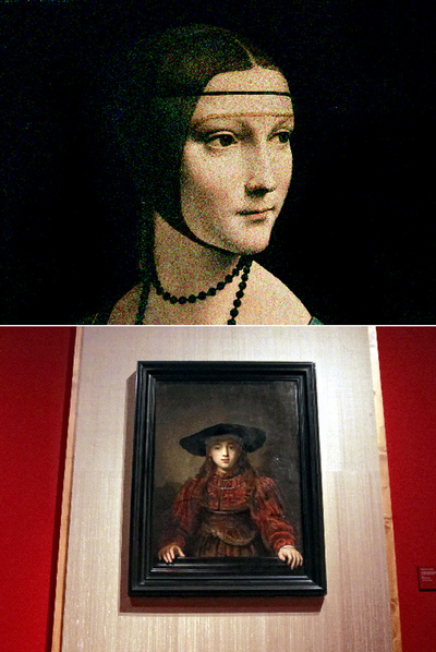  La dama del armiño,  obra maestra pintada por Leonardo da Vinci en Milán hacia 1490. Abajo, vista de una de las salas del Palacio Real de Madrid con piezas de la muestra  La edad de oro de Polonia. 