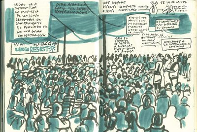 Ilustración de  Enrique Flores sobre las concentraciones de los 'indignados' en  Sol (Madrid). Dibujos procedentes de la web  www.4ojos.comblog