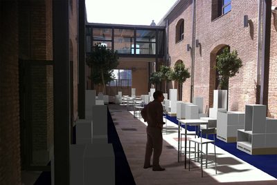 Montaje de las cajas elegidas como  stand  para el encuentro de empresas y diseñadores en las rehabitadas Naves de Cross.