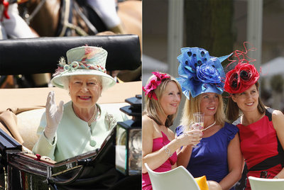 Isabel II, en Ascot. A la derecha, un grupo de mujeres en las carreras.