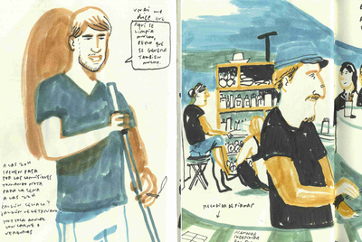 Flores retrata a un acampado limpiando el entorno de la plaza 'Sol-ución'. A la derecha, un instante de tranquilidad en la comisión de Información que atiende Kiko.