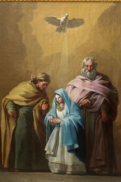  La Virgen con san Joaquín y santa Ana  (hacia 1774), de Goya. A la derecha, detalle de la paloma.