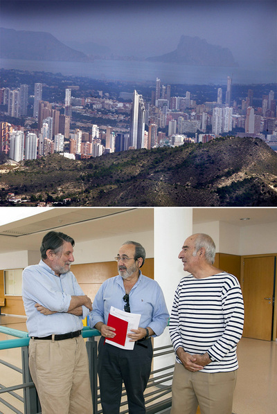 Arriba, aérea de Benidorm captada desde Finestrat, con el hotel Bali en el centro y el Penyal d'Ifac al fondo. Debajo, Mira, Mazón y Gaviria, ayer.