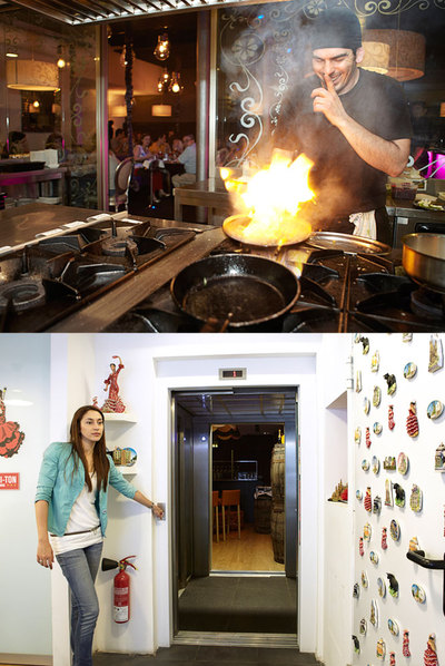 Arriba, cocina del restaurante escondido en la tintorería Dontell. Abajo, imagen de Chi-Tón, otro espacio culinario de Barcelona al que se accede por una tienda de  souvenirs. 