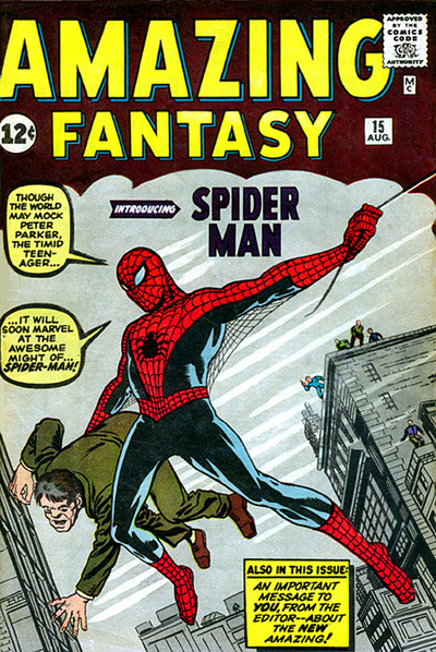 Portada del cómic  Amazing Fantasy  con la primera aparición de Spiderman dibujado por Steve Ditko.