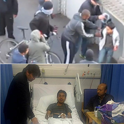 A Mohamed Ashraf Haziq le robaron después de ser agredido en Londres el lunes. Abajo, se recupera en el hospital.