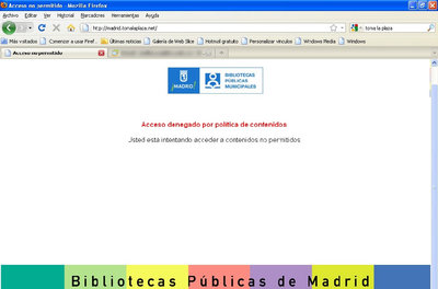 Pantalla que encontraba el usuario que trataba de acceder a páginas web del 15-M desde ordenadores de las bibliotecas municipales de Madrid.