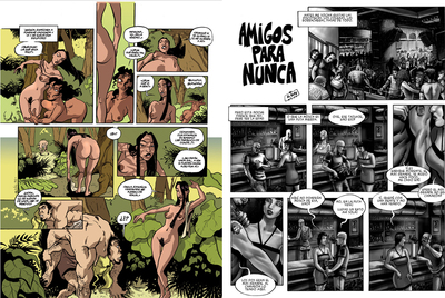 Dos páginas de  Kiss   de Rubén del Rincón y, en blanco y negro, de El Bute. 