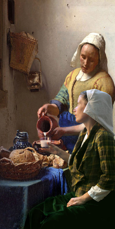 Homenaje a la leche en una reinterpretación de la obra  La lechera  de Vermeer.