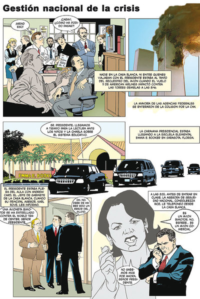 Viñeta de  El informe 11-S,  de Jacobson y Colon (Panini), basado en el Informe de la Comisión Nacional de Ataques.