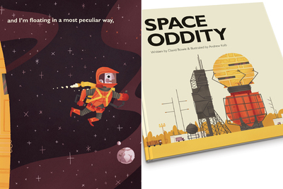 Dos de las ilustraciones y versos de la canción  Space Oddity.  Abajo, la portada del prototipo creado por Andrew Kolb.