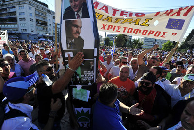 Manifestación de taxistas ayer en Atenas.