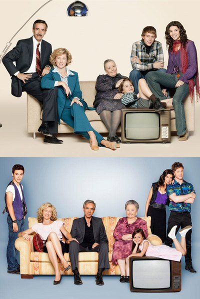 Arriba, los Alcántara hace 10 años, cuando se estrenó  Cuéntame;  abajo, la familia en 1979, con una hija más.