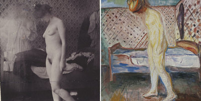 A la izquierda,  Rosa Meissner en el Hotel Rohn, Warnemünde,  fotografía de Edvard Munch que le sirvió de modelo para su óleo  Mujer llorando  (derecha). Ambas, de 1907.