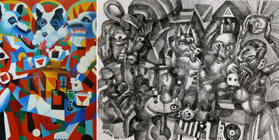  El té suprematista  y  La Caterva o el guateque analógico , dos obras pintadas este año por Arturo Marián.