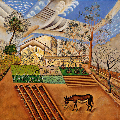 'Huerto con asno' (1918). Cada detalle se perfila en la escena de género. La tierra labrada, el asno, el cielo, los árboles, la casa rural... En esta primera etapa de su pintura, Miró trabaja a partir de lo minucioso, buscando ciertas cualidades de orfebre, siguiendo la tradición de su familia.