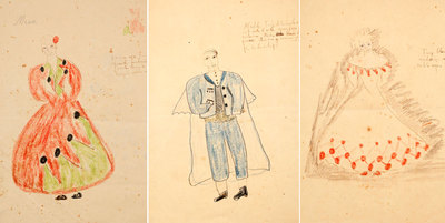 Tres de los figurines dibujados por Federico García Lorca para la obra  La zapatera prodigiosa,  estrenada en 1930.