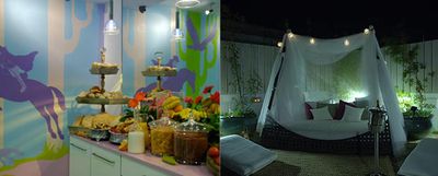 El bufé de desayunos y la terraza del hotel La Princesa y el Guisante, en Conil de la Frontera (Cádiz).