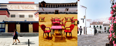 De izquierda a derecha, tres imágenes de Antequera (Málaga): fachada del racionalista cine Torcal, la terraza La Espuela (situada en la plaza de toros) y una vista desde la almazara.