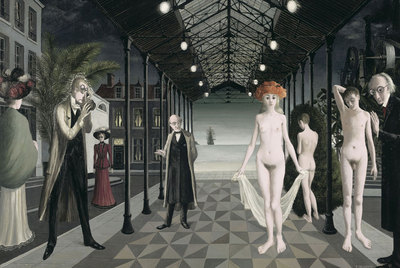  Homenaje a Jules Verne  (1971), obra de Paul Delvaux presente en la gran exposición  Locus Solus  sobre la figura de Raymond Roussel.